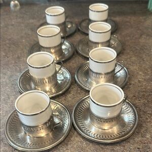 8 vintage Veracruz porcelain espresso cups Bellini silverplate holders-saucers.